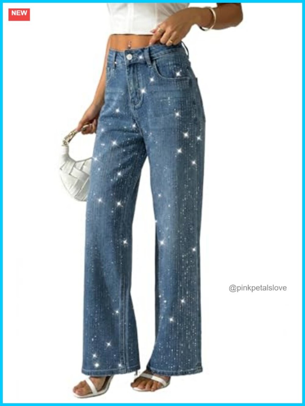 Women's Rhinestone Wide Leg Jeans High Waist Sparkle Sequin Trouser